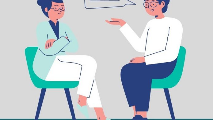 Grafika rozmawiających dwóch osób, studenta z panią psycholog 