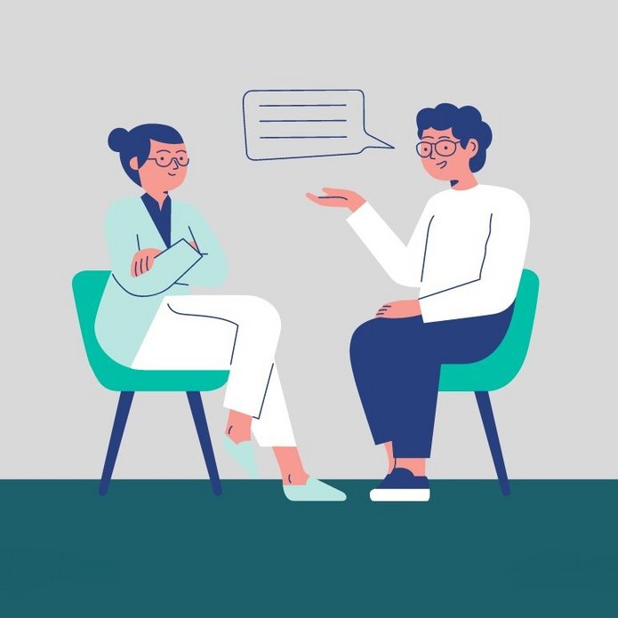 Grafika rozmawiających dwóch osób, studenta z panią psycholog 