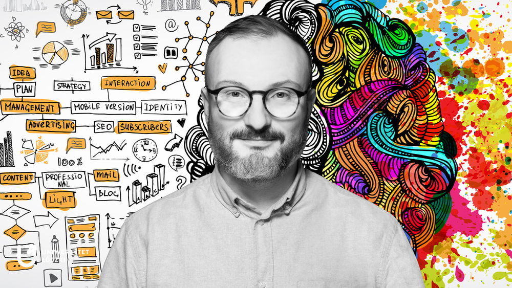 Dr Mateusz Hauk na tle grafiki przedstawiającej ludzki mózg i procesy twórcze w nim zachodzące Dr Mateusz Hauk na tle grafiki przedstawiającej ludzki mózg i procesy twórcze w nim zachodzące