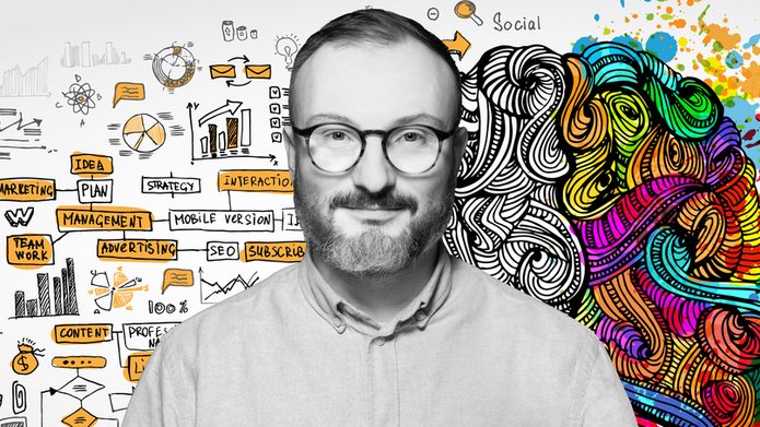 Dr. Mateusz Hauk against the background of graphics depicting the human brain and colourfully illustrated creative processes that take place in it