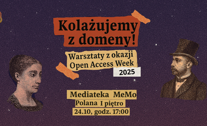 Plakat wydarzenia nawiązuje do techniki kolażu. Na fioletowym tle wycięte napisy z nazwą wydarzenia i adresem Mediateki.