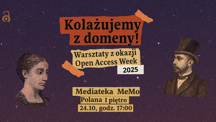 Plakat wydarzenia nawiązuje do techniki kolażu. Na fioletowym tle wycięte napisy z nazwą wydarzenia i adresem Mediateki.