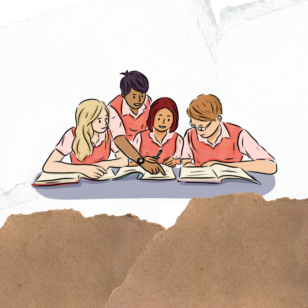 Studenci pochyleni nad książkami