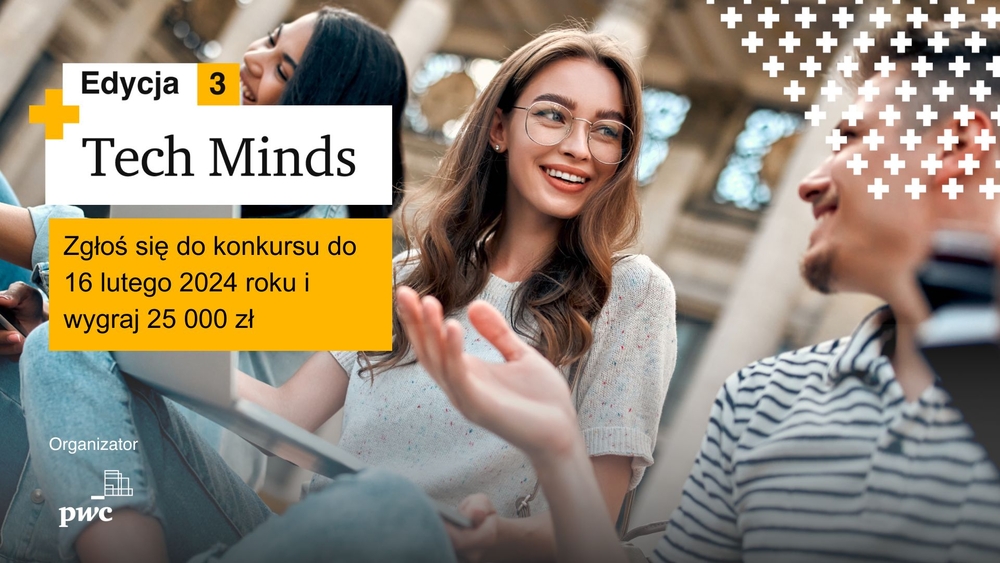 młoda kobieta w okularach z laptopem oraz tytuł programu na białym tle