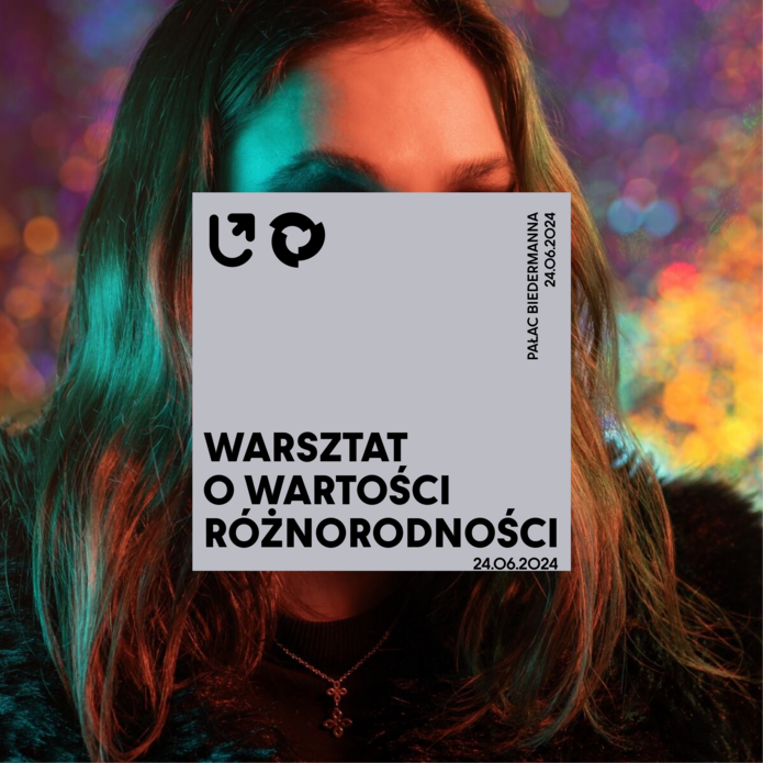 twarz kobiety zasłonięta napisem "Warsztat o wartości różnorodności"