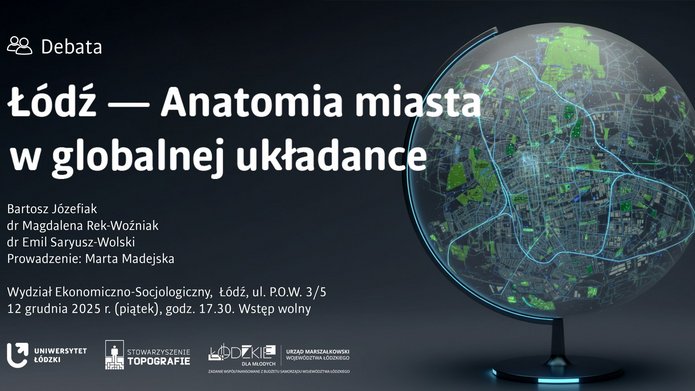 Baner informacyjny o wydarzeniu. Główny element to globus wypełniony w całości mapą Łodzi