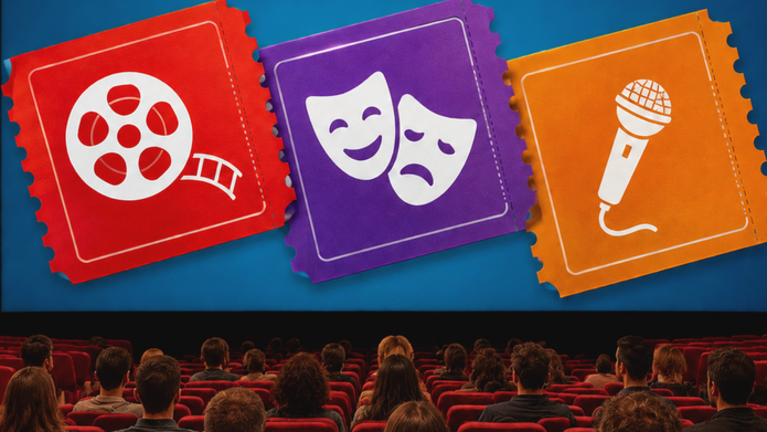 A graphic showing an audience in a cinema hall