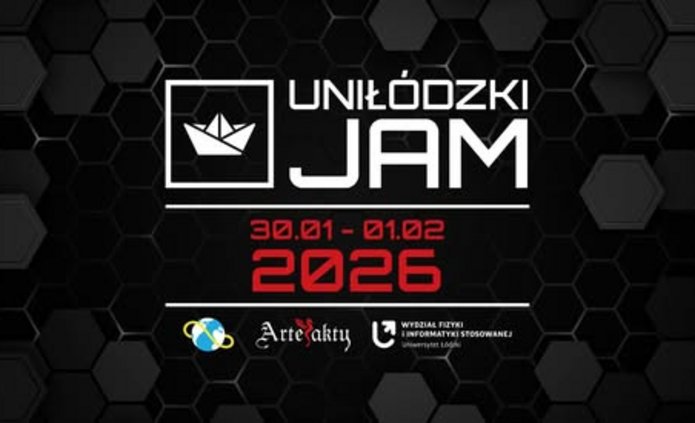 Ciemna grafika promocyjna z geometrycznym, heksagonalnym tłem. Na środku duży biały napis: „UNILÓDZKI JAM”. Pod nim czerwonym kolorem data: „30.01 – 01.02 2026”. Obok znajduje się biały symbol papierowej łódki w kwadracie. Na dole widoczne są logotypy organizatorów: Artefakty oraz Wydział Fizyki i Informatyki Stosowanej Uniwersytetu Łódzkiego.