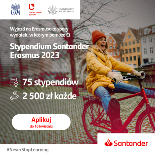 Plakat promujący stypendium dla Erasmusa Santander
