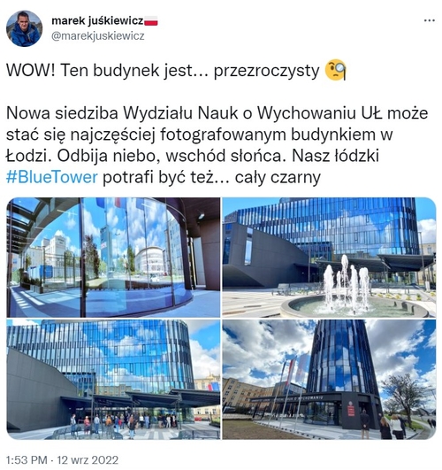 Tweet jednego z dziennikarzy na temat nowego budynku WNoW Tweet jednego z dziennikarzy na temat nowego budynku WNoW