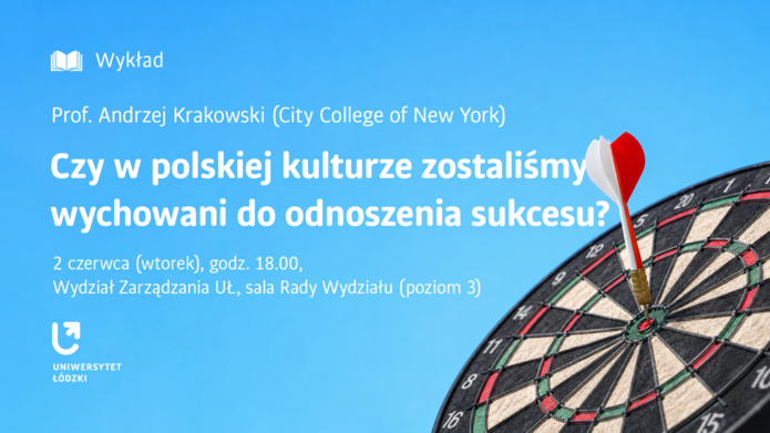 Baner z tytułem wykładu i tarczą na rzutki, gdzie rzutka jest dokładnie w centrum tarczy