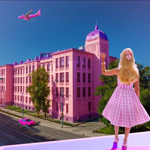 Barbie na tle rektoratu UŁ - montaż Barbie na tle rektoratu UŁ - montaż
