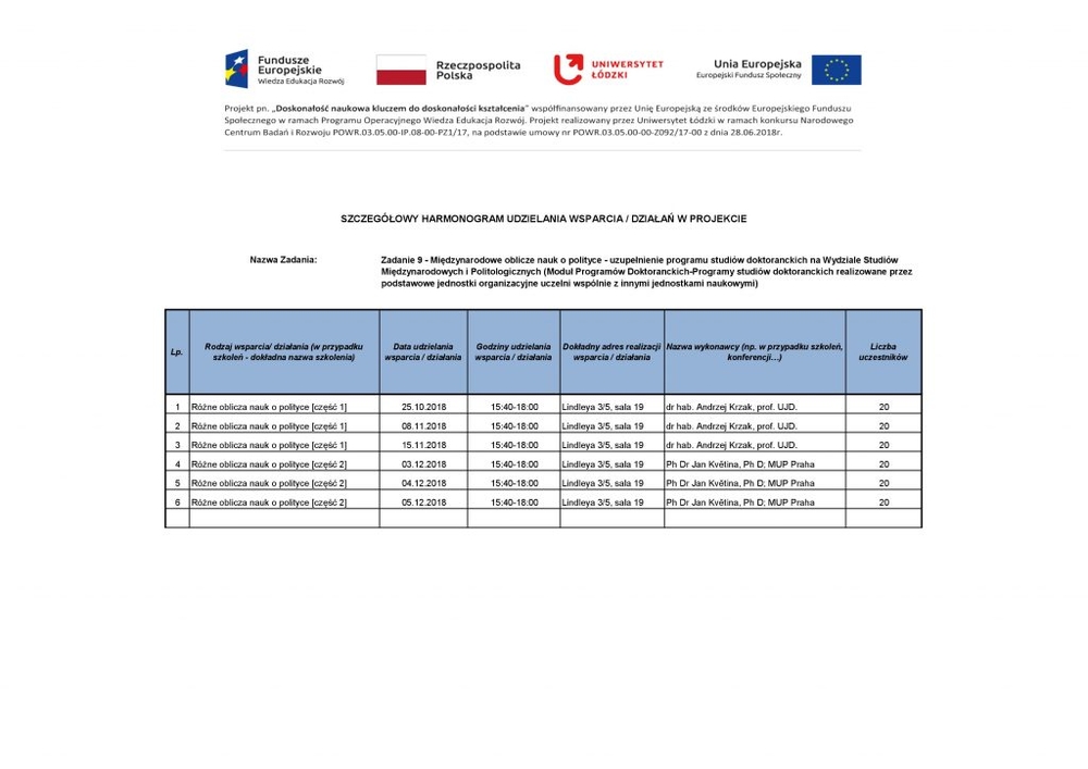 Harmonogram zajęć do zadania 9