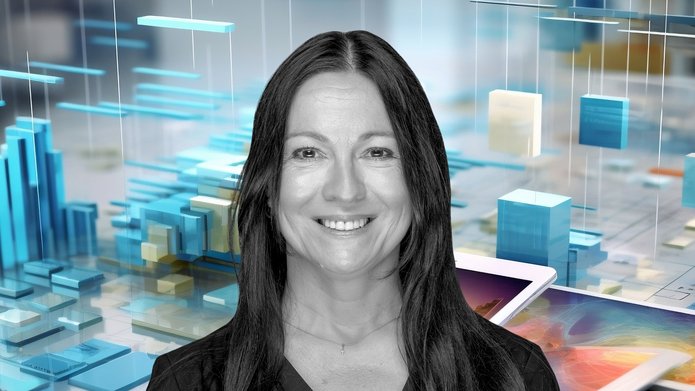 dr Anna Łaszkiewicz on a colorful background resembling bar charts