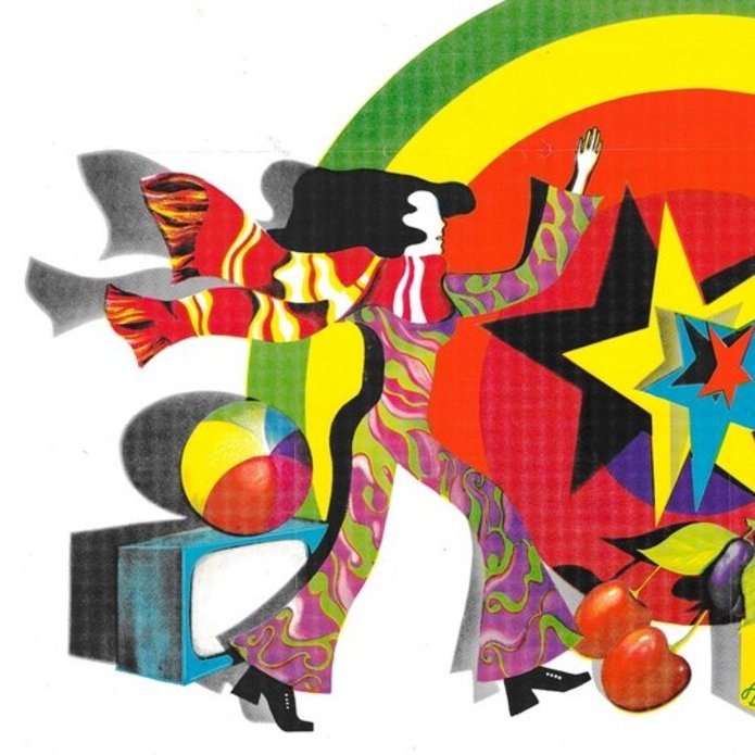 Kolorowy kolaż. Barwna postać w kostiumie i z długim szalem, dziecięca piłka,telewizor i owoce. W tle kolorowe koła.