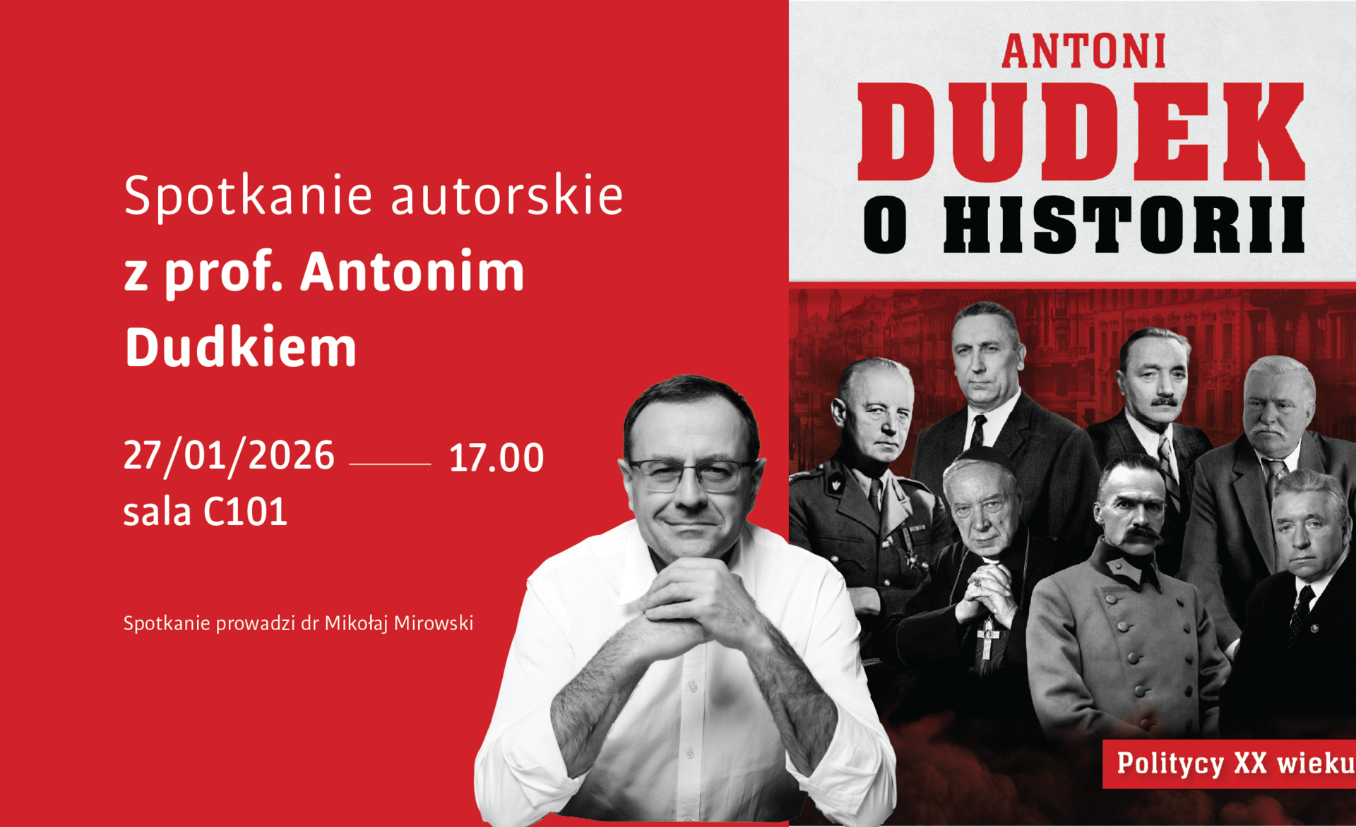 plakat spotkania, zdjęcie profesora oraz okładki