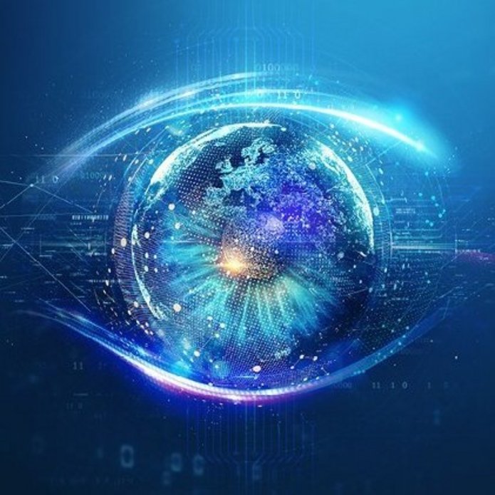 Na niebieskim tle cyfrowa kula ziemska dopasowana do kształtów oka