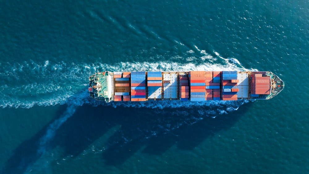 A cargo ship at sea