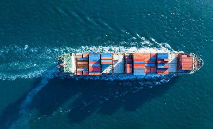 A cargo ship at sea