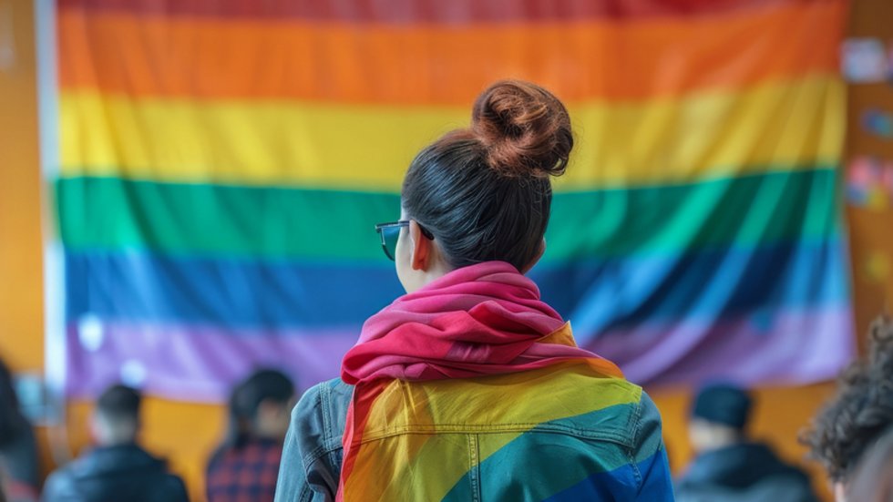A person with a rainbow flag on their shoulders seen from behind with a rainbow flag in the background