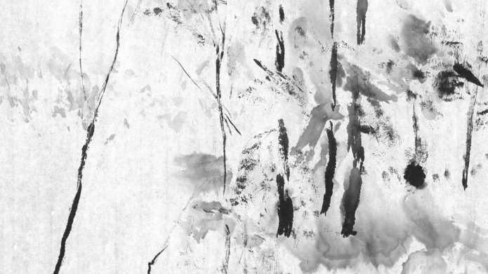 A painting made using the suibokugi technique. It depicts a landscape, trees. White background, vegetation in black.