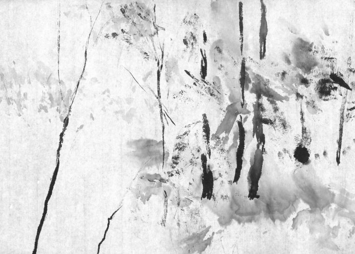 A painting made using the suibokugi technique. It depicts a landscape, trees. White background, vegetation in black.