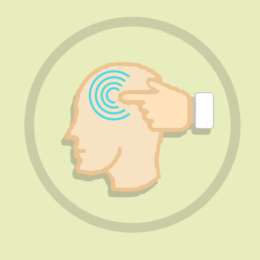 Rysunek schematyczny. Palec ręki naciska na punkt umieszczony w głowie. 