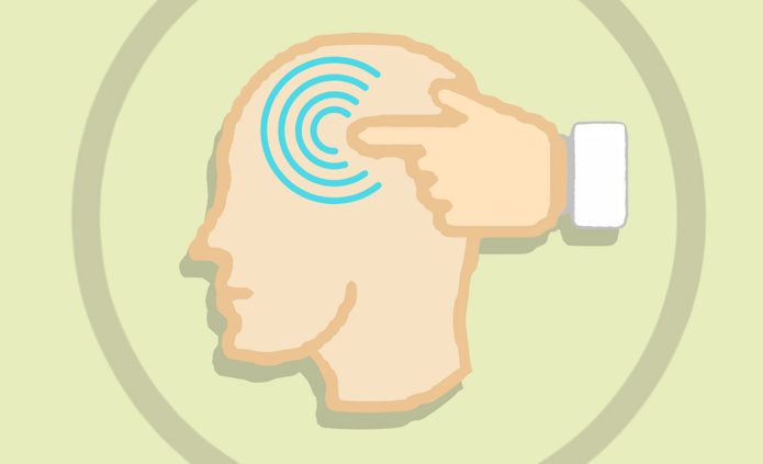 Rysunek schematyczny. Palec ręki naciska na punkt umieszczony w głowie. 