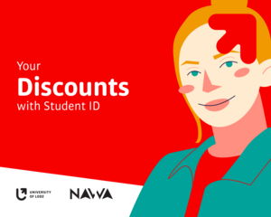 White text: “Your Discounts with Student ID” on a red background. Right next to it, a picture of a blonde young woman, smiling. In the top right corner, a red arrow from the University of Lodz logotype. At the bottom, the logotypes of the University of Lodz and the Polish National Agency for Academic Exchange on a white background.
