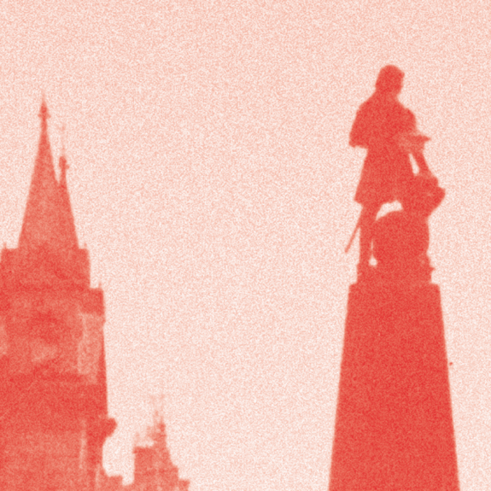 a red graphic with a part of the city 