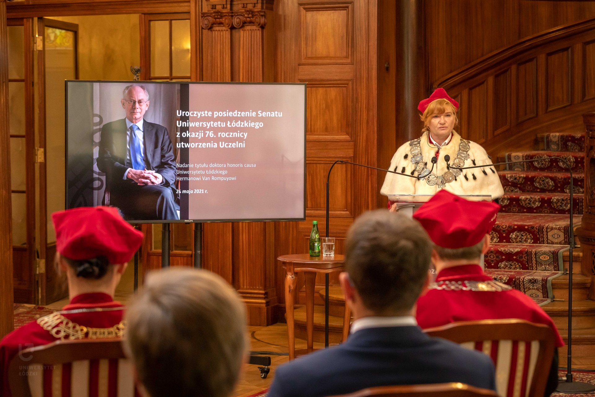 prof. Elżbieta Żądzińska, The UL Rector next to a screen with the photo of Herman Van Rompuy