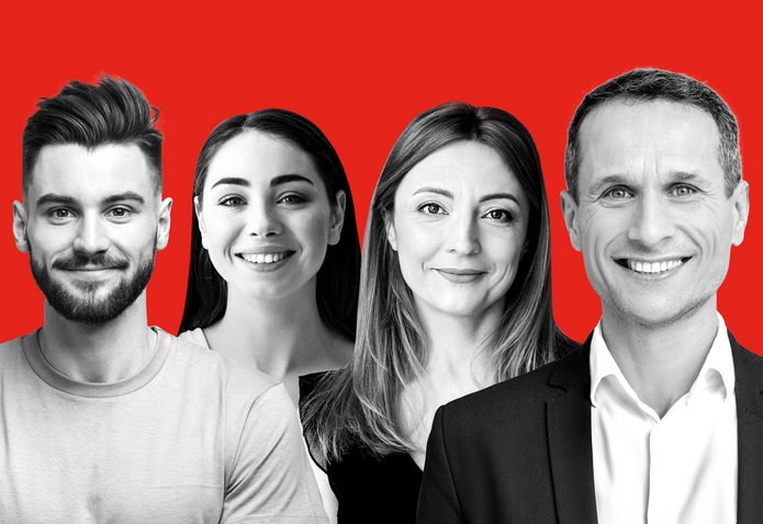 [Translate to English:] Uśmiechnięci ludzie na czerwonym tle