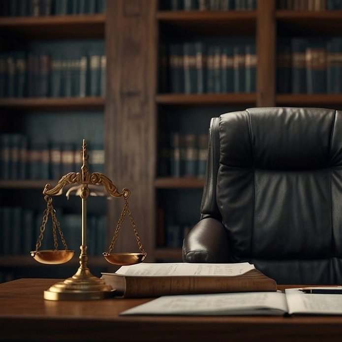 Gabinet sędziowski - pusty fotel, biurko, na biurku dokumenty, pióro, książki i figurka "waga". W tle regały z książkami. 