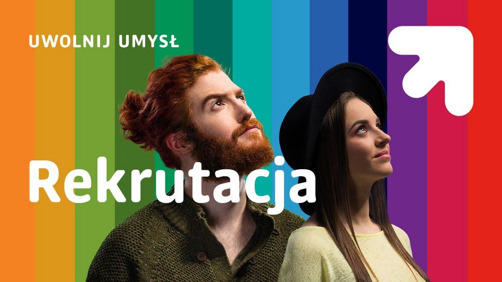 Two young people – a woman and a man – looking up. Next to them there is the University of Lodz logo and the inscription "admissions".