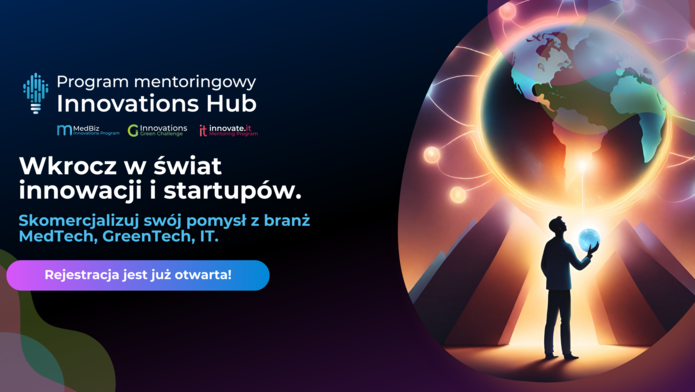 kolorowa grafika informacyjna programu Innovation Hub przedstawiająca rysunek mężczyzny trzymającego w dłoni sferę i stojącego pod kulą ziemską