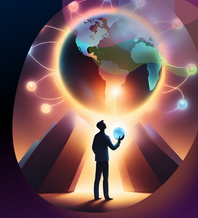 kolorowa grafika informacyjna programu Innovation Hub przedstawiająca rysunek mężczyzny trzymającego w dłoni sferę i stojącego pod kulą ziemską