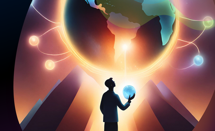 kolorowa grafika informacyjna programu Innovation Hub przedstawiająca rysunek mężczyzny trzymającego w dłoni sferę i stojącego pod kulą ziemską