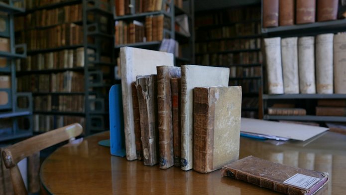 Cenne egzemplarze z kolekcji Biblioteki UŁ. Widoczne grzbiety książek.