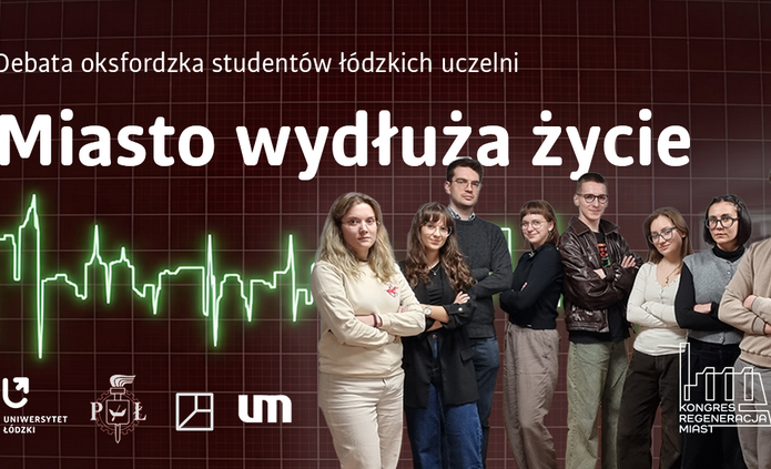 Bamer przedstawiający grupę studentek i studentów uczestniczących w debacie oksfordzkiej
