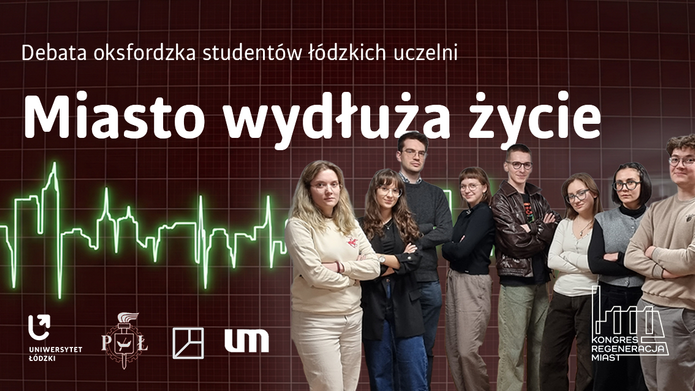 Bamer przedstawiający grupę studentek i studentów uczestniczących w debacie oksfordzkiej
