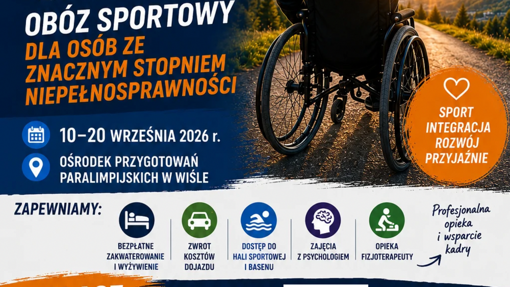 Plakat zaproszenia na obóz sportowy w Wiście. w doknej części QRkod przekierowujący do formularza zgłoszeniowego