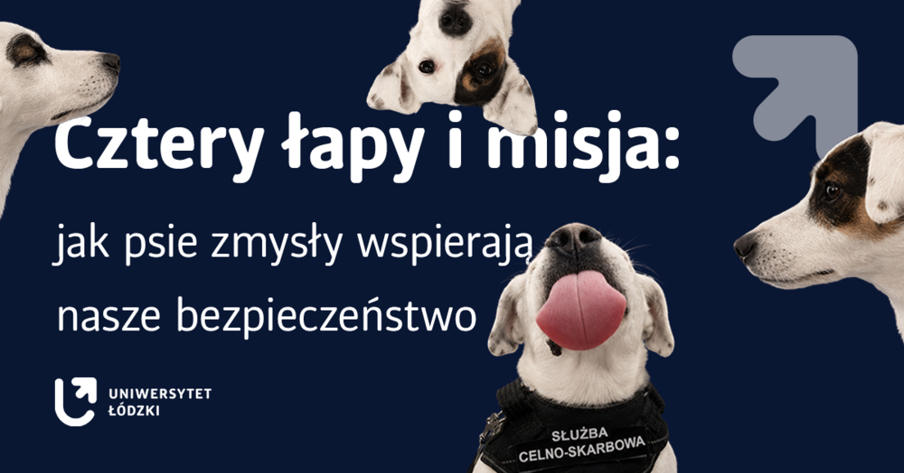 Grafika przedstawia cztery psy w kamizelkach służbowych, opatrzona jest hasłem "Cztery łapy i misja..."
