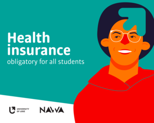 White text: “Health insurance obligatory for all students” on teal background. Right next to it, a picture of a black-haired young man in glasses, smiling. In the top right corner, a teal arrow from the University of Lodz logotype. At the bottom, the logotypes of the University of Lodz and the Polish National Agency for Academic Exchange on a white background.