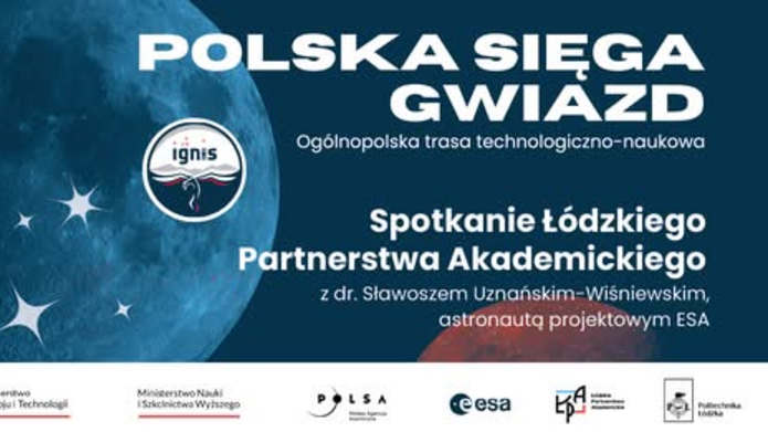 Grafika promocyjna wydarzenia „Polska sięga gwiazd – ogólnopolska trasa technologiczno-naukowa”. Na niebieskim tle z wizerunkiem planety i gwiazd znajduje się biały napis „POLSKA SIĘGA GWIAZD”, a poniżej mniejszy tekst: „Ogólnopolska trasa technologiczno-naukowa”. Po prawej stronie widnieje informacja o wydarzeniu: „Spotkanie Łódzkiego Partnerstwa Akademickiego z dr. Sławoszem Uznańskim-Wiśniewskim, astronautą projektowym ESA”. Po lewej stronie umieszczono okrągłe logo z napisem „ignis” i motywem płomienia. Na dole grafiki znajdują się logotypy instytucji: Ministerstwa Rozwoju i Technologii, Ministerstwa Nauki i Szkolnictwa Wyższego, POLSA, ESA oraz innych partnerów projektu.