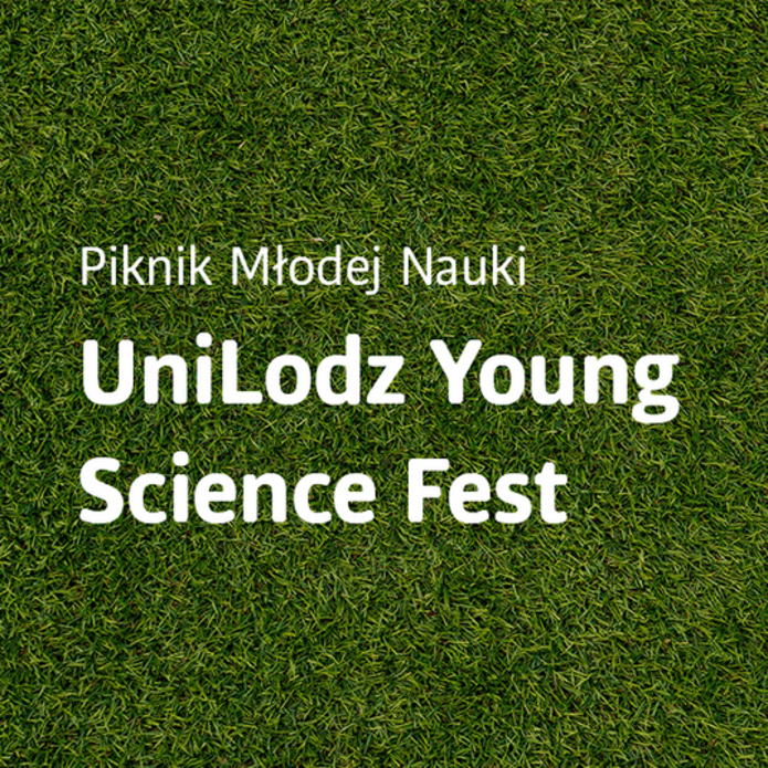 Napis: Piknik Młodej Nauki UniLodz Young Science Fest na tle zielonej trawy 