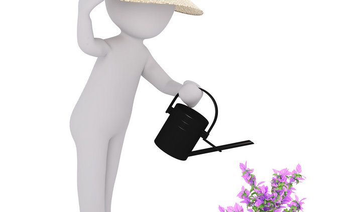 Postać człowieka, który trzyma w dłoni konewkę i podlewa kwiat w doniczce.