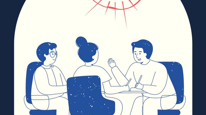 Grafika konturowa: dwie osoby siedzą na fotelach i rozmawiają z psychologiem 