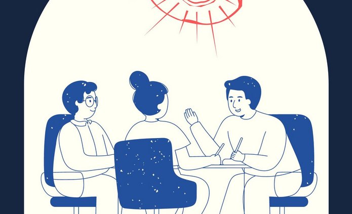 Grafika konturowa: dwie osoby siedzą na fotelach i rozmawiają z psychologiem 