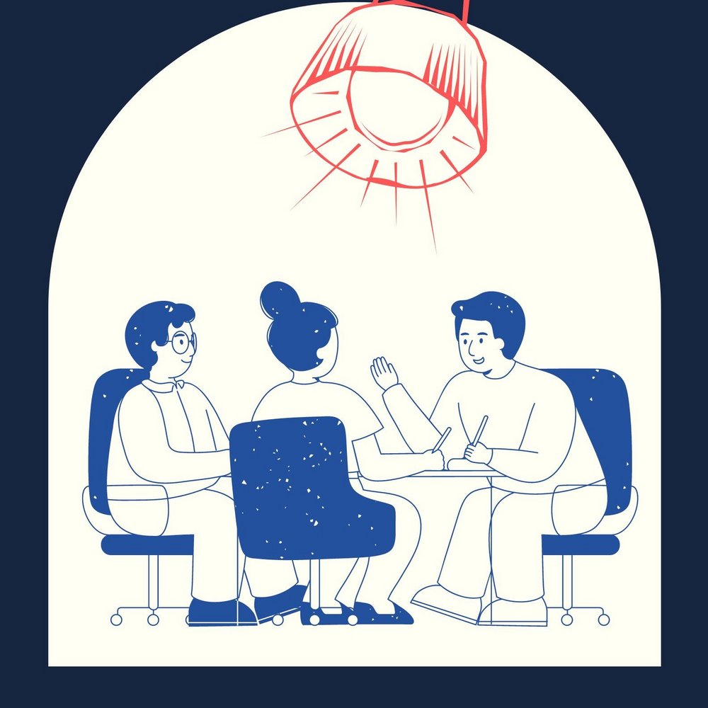 Grafika konturowa: dwie osoby siedzą na fotelach i rozmawiają z psychologiem 