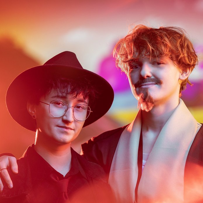 a couple in a multi-colored setting